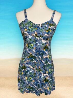Wild Fable Blue Tropical Hawaiian Print Button Front Mini Dress Women’s XS